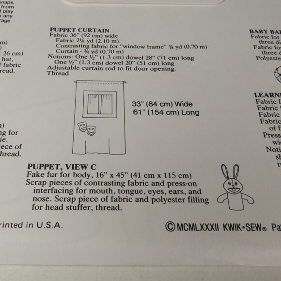 Kwik Sew 1217 Sewing Pattern NEW UNOPENED Puppet Theater & Puppets - Picture 6 of 7